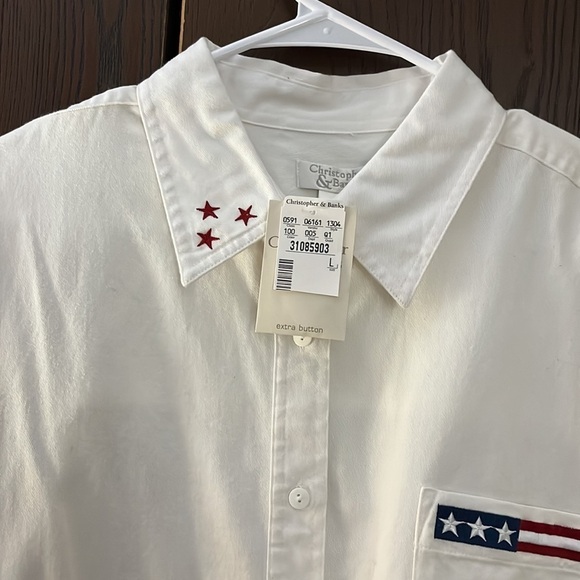 Christopher & Banks white long sleeved blouse with stars/ stripes emblems. NWT L - Picture 3 of 7